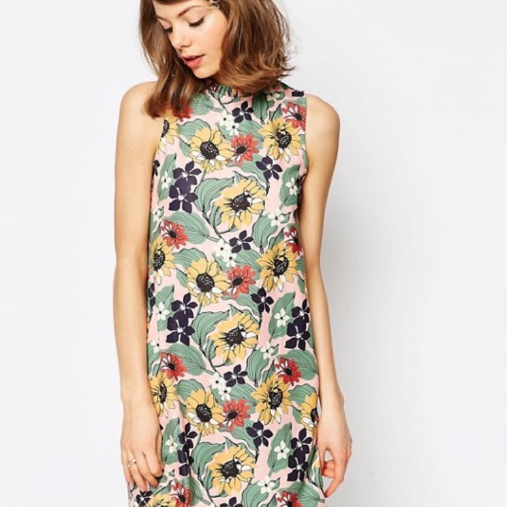 Asos bold floral shift dress with frill collar